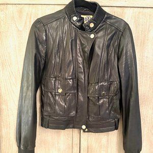 Tory Burch Black Leather Moto Jacket, size 10